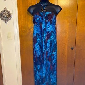 Turquoise and Brown Peacock Print Maxi Dress